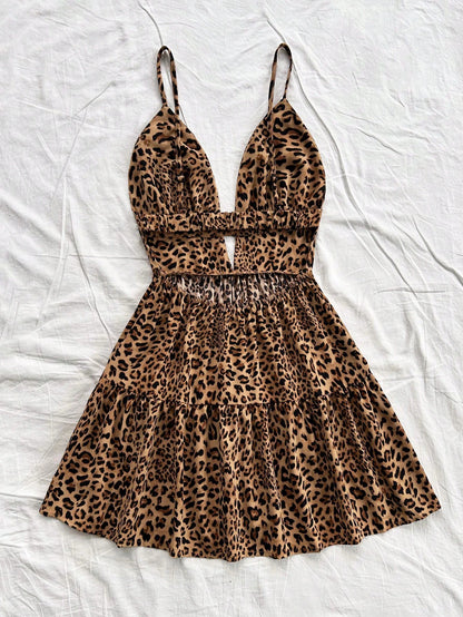 PETITE Women's Holiday Floral Layered Hem Camisole Leopard Cheetah Print Dress For Summer And Inner Wear,Petite Women Night Out Beige Sexy
