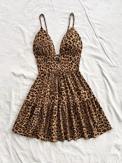 PETITE Women's Holiday Floral Layered Hem Camisole Leopard Cheetah Print Dress For Summer And Inner Wear,Petite Women Night Out Beige Sexy