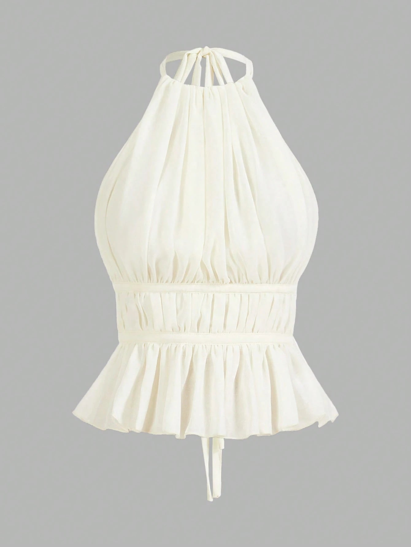 PETITE Women's Pleated Halter Neckline Waist-Tied Backless Tank Top,Petite Women Brunch Off-White Summer Romantic Elegant