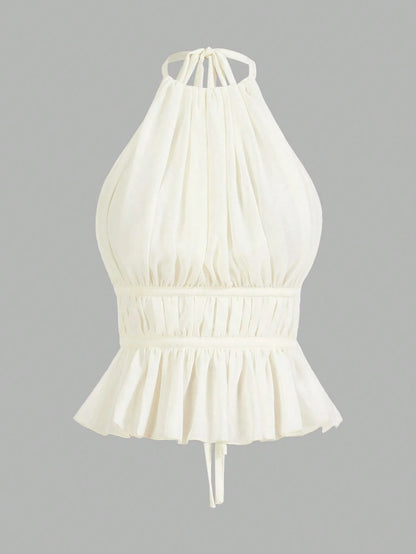 PETITE Women's Pleated Halter Neckline Waist-Tied Backless Tank Top,Petite Women Brunch Off-White Summer Romantic Elegant
