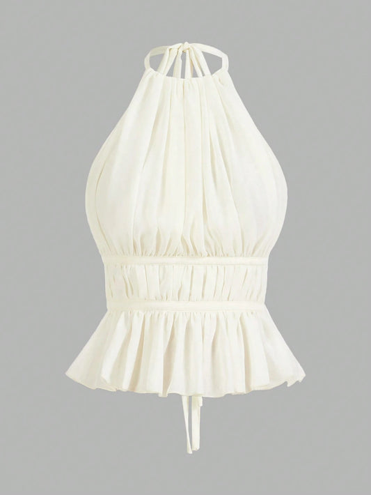 PETITE Women's Pleated Halter Neckline Waist-Tied Backless Tank Top,Petite Women Brunch Off-White Summer Romantic Elegant