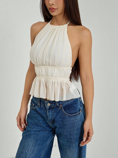 PETITE Women's Pleated Halter Neckline Waist-Tied Backless Tank Top,Petite Women Brunch Off-White Summer Romantic Elegant