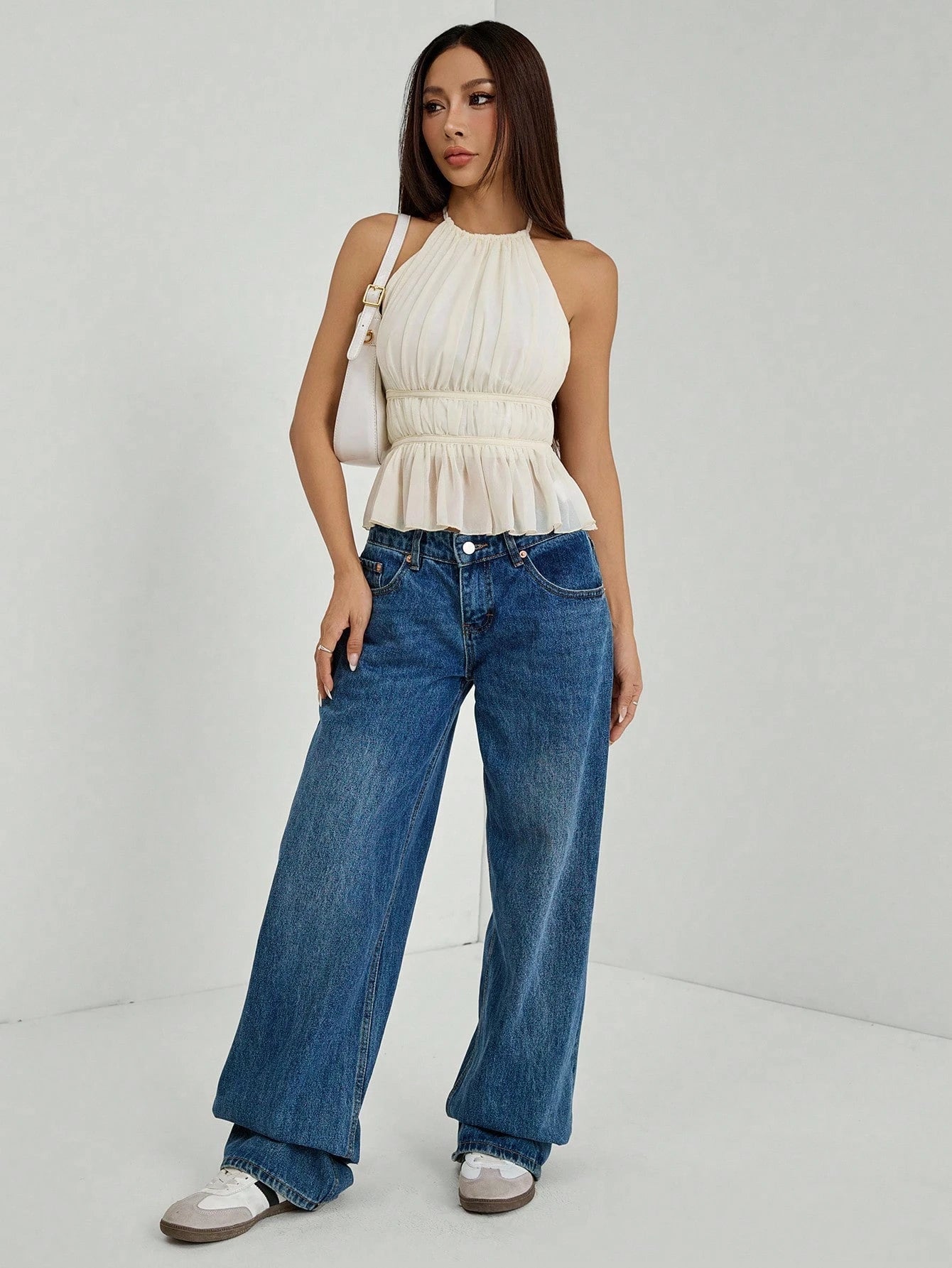 PETITE Women's Pleated Halter Neckline Waist-Tied Backless Tank Top,Petite Women Brunch Off-White Summer Romantic Elegant