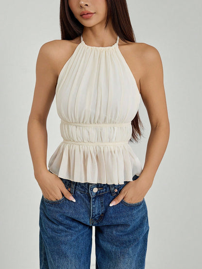 PETITE Women's Pleated Halter Neckline Waist-Tied Backless Tank Top,Petite Women Brunch Off-White Summer Romantic Elegant