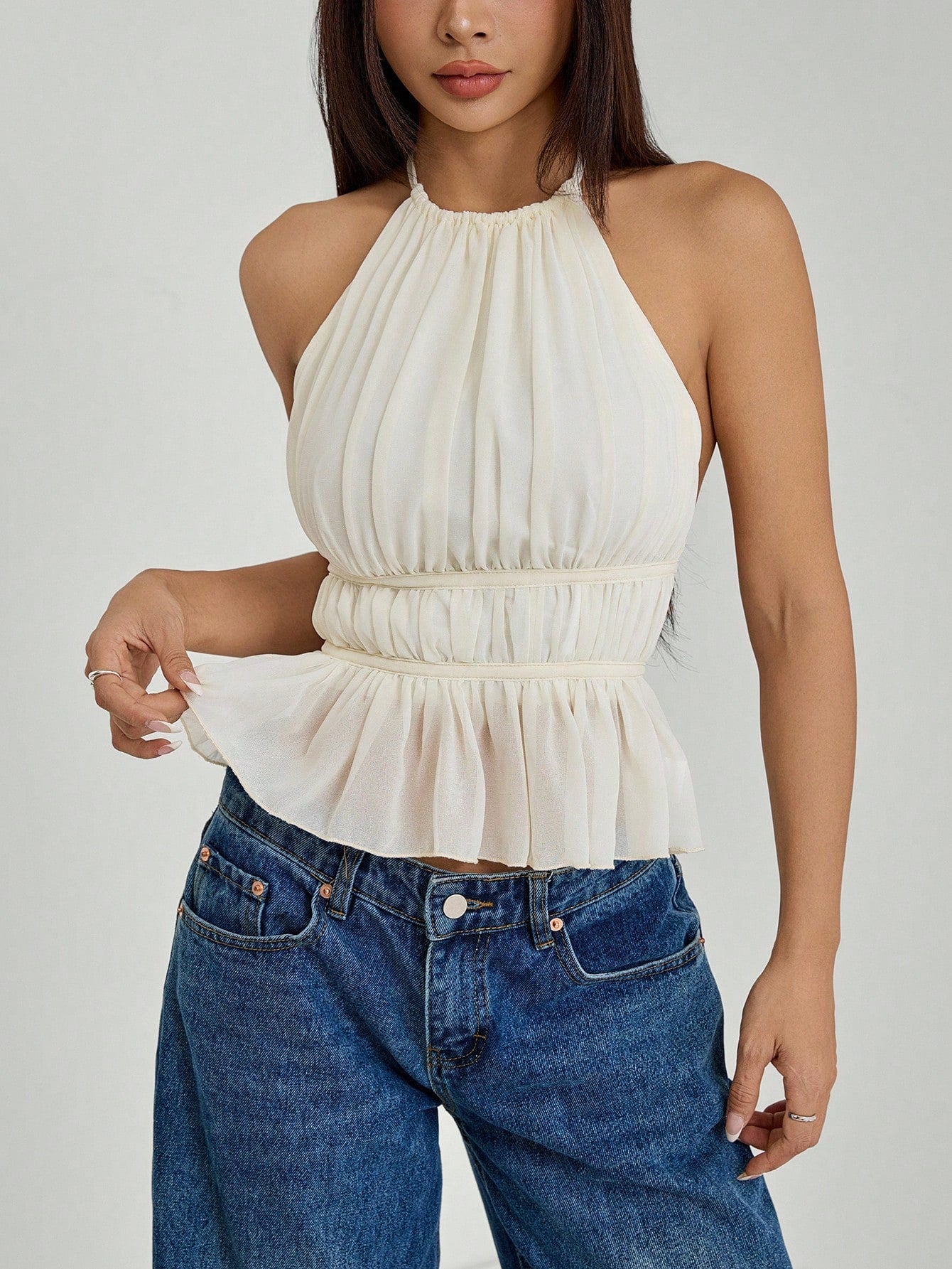 PETITE Women's Pleated Halter Neckline Waist-Tied Backless Tank Top,Petite Women Brunch Off-White Summer Romantic Elegant