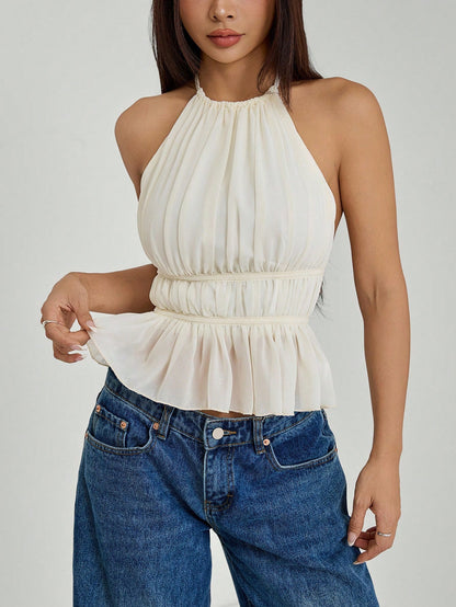 PETITE Women's Pleated Halter Neckline Waist-Tied Backless Tank Top,Petite Women Brunch Off-White Summer Romantic Elegant
