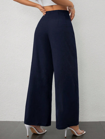 PETITE Women's Simple Casual Fashion Back-To-School Season Old Money Commuting High-Waist Texture Wide-Leg Trousers,Business Casual Woman,Petite Women