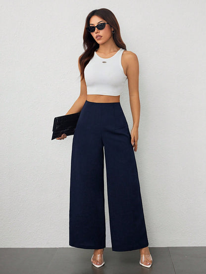 PETITE Women's Simple Casual Fashion Back-To-School Season Old Money Commuting High-Waist Texture Wide-Leg Trousers,Business Casual Woman,Petite Women