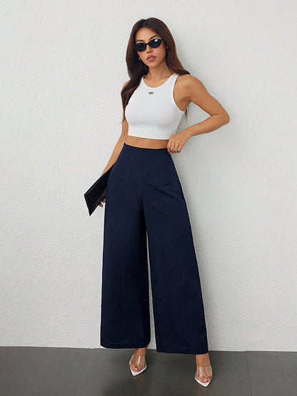 PETITE Women's Simple Casual Fashion Back-To-School Season Old Money Commuting High-Waist Texture Wide-Leg Trousers,Business Casual Woman,Petite Women