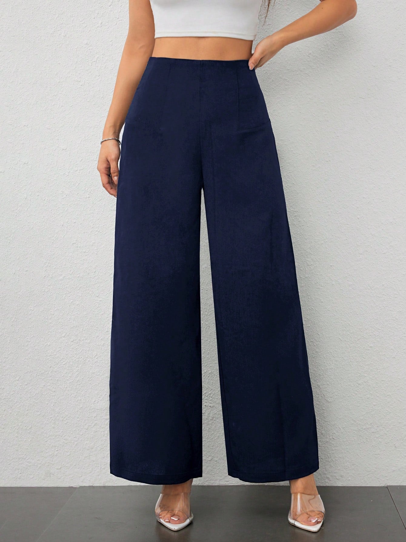 PETITE Women's Simple Casual Fashion Back-To-School Season Old Money Commuting High-Waist Texture Wide-Leg Trousers,Business Casual Woman,Petite Women