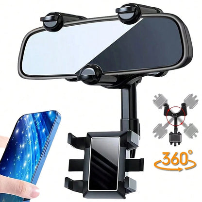Phone Mount For Car, Rear View Mirror Phone Holder, Rotatable And Retractable Phone Holder For Car, Compatible With IP-Hone Sam-Sung All 3-7 Inch Cell Phones