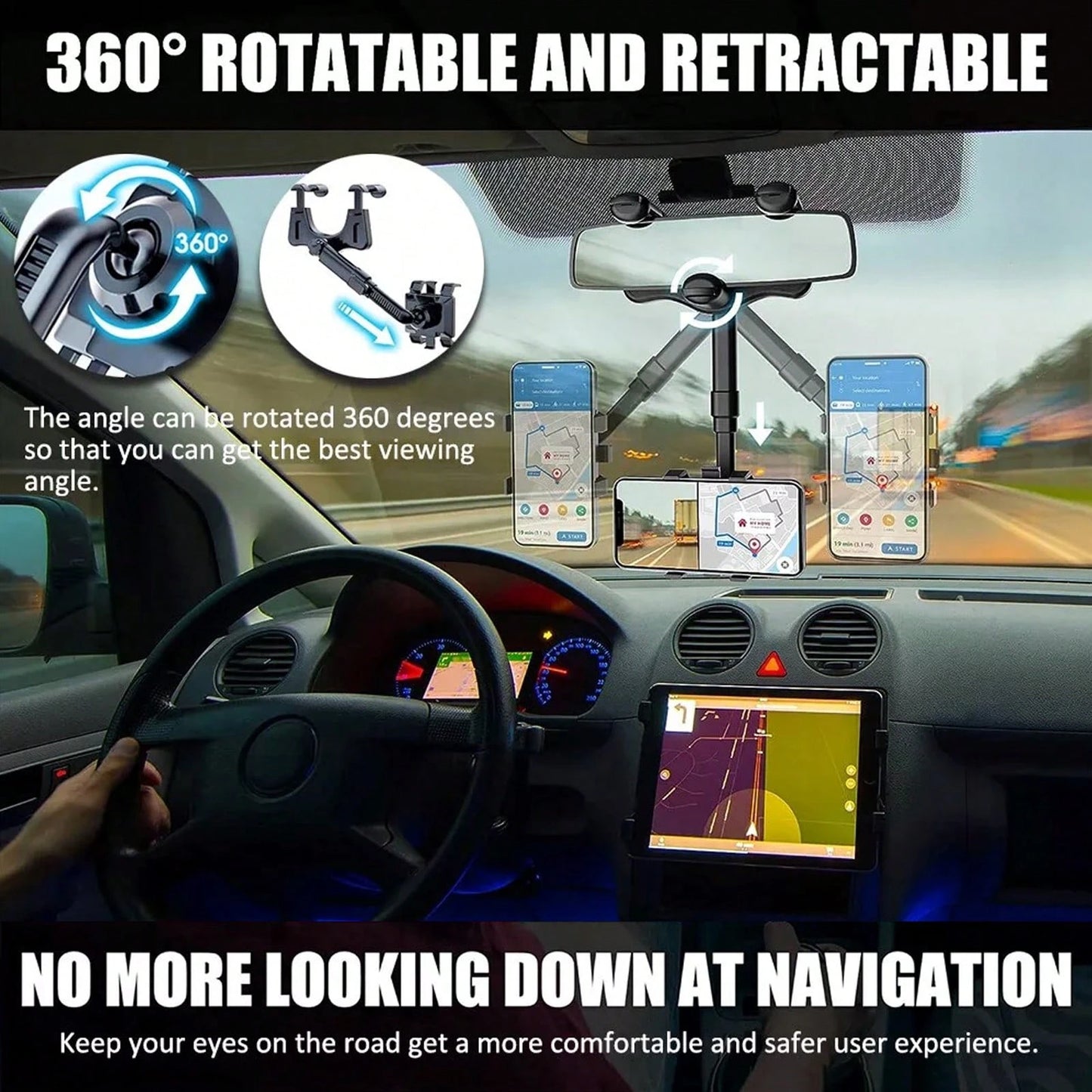 Phone Mount For Car, Rear View Mirror Phone Holder, Rotatable And Retractable Phone Holder For Car, Compatible With IP-Hone Sam-Sung All 3-7 Inch Cell Phones