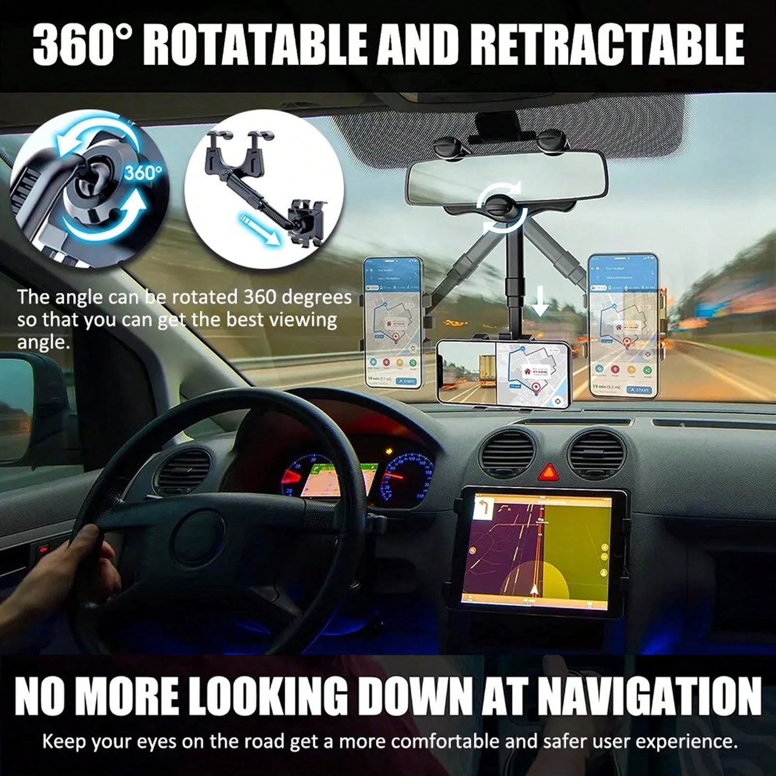 Phone Mount For Car, Rear View Mirror Phone Holder, Rotatable And Retractable Phone Holder For Car, Compatible With IP-Hone Sam-Sung All 3-7 Inch Cell Phones