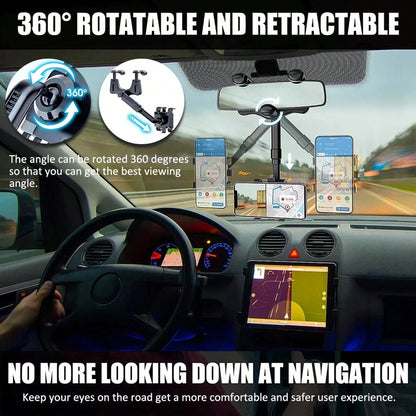 Phone Mount For Car, Rear View Mirror Phone Holder, Rotatable And Retractable Phone Holder For Car, Compatible With IP-Hone Sam-Sung All 3-7 Inch Cell Phones