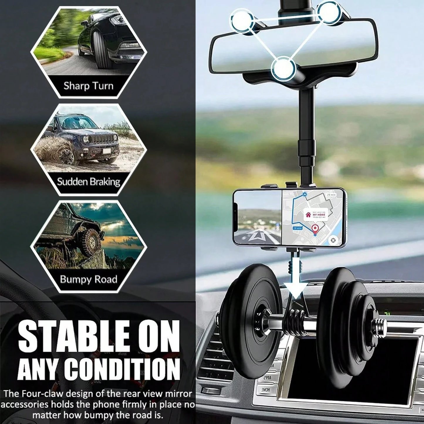 Phone Mount For Car, Rear View Mirror Phone Holder, Rotatable And Retractable Phone Holder For Car, Compatible With IP-Hone Sam-Sung All 3-7 Inch Cell Phones