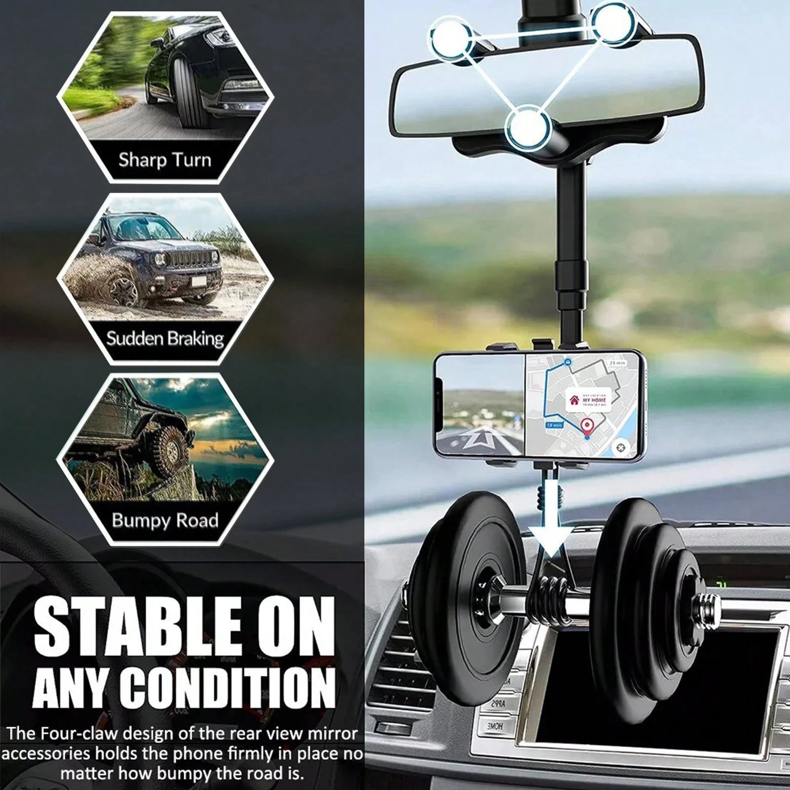 Phone Mount For Car, Rear View Mirror Phone Holder, Rotatable And Retractable Phone Holder For Car, Compatible With IP-Hone Sam-Sung All 3-7 Inch Cell Phones