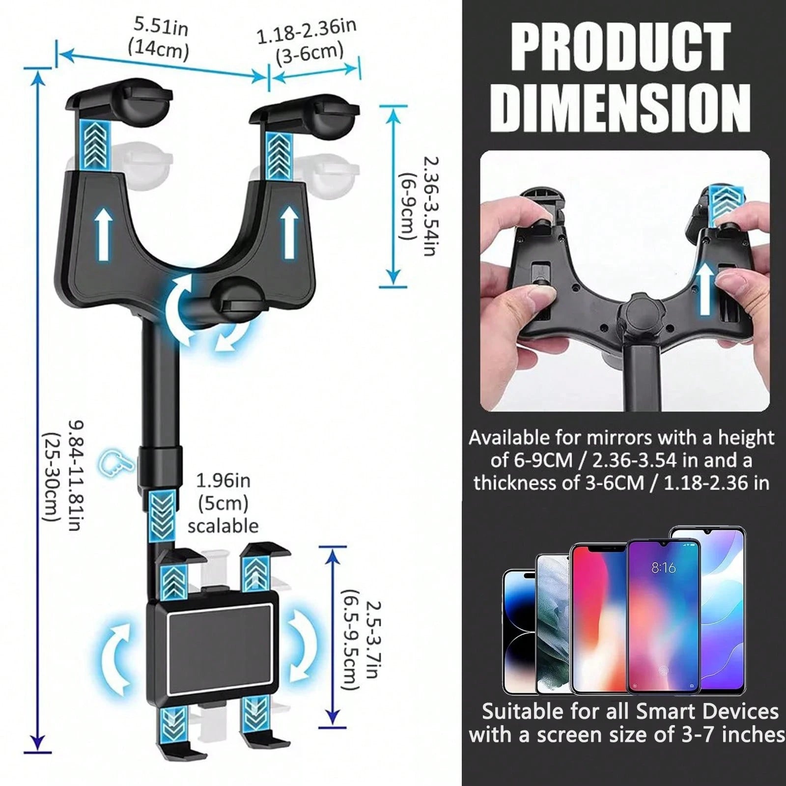 Phone Mount For Car, Rear View Mirror Phone Holder, Rotatable And Retractable Phone Holder For Car, Compatible With IP-Hone Sam-Sung All 3-7 Inch Cell Phones