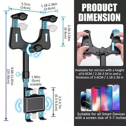 Phone Mount For Car, Rear View Mirror Phone Holder, Rotatable And Retractable Phone Holder For Car, Compatible With IP-Hone Sam-Sung All 3-7 Inch Cell Phones