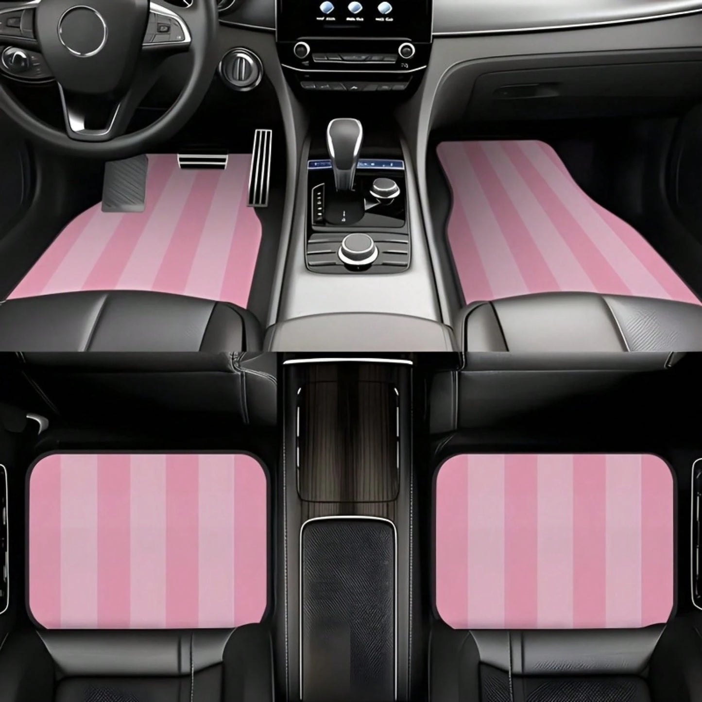Pink And White Striped Car Floor Mat Set, 4-Piece- Fully Covers The Front And Rear Seats, Suitable For All Car Models, Made Of Crystal Velvet Fabric, Ideal For Sedans,, And SUVs