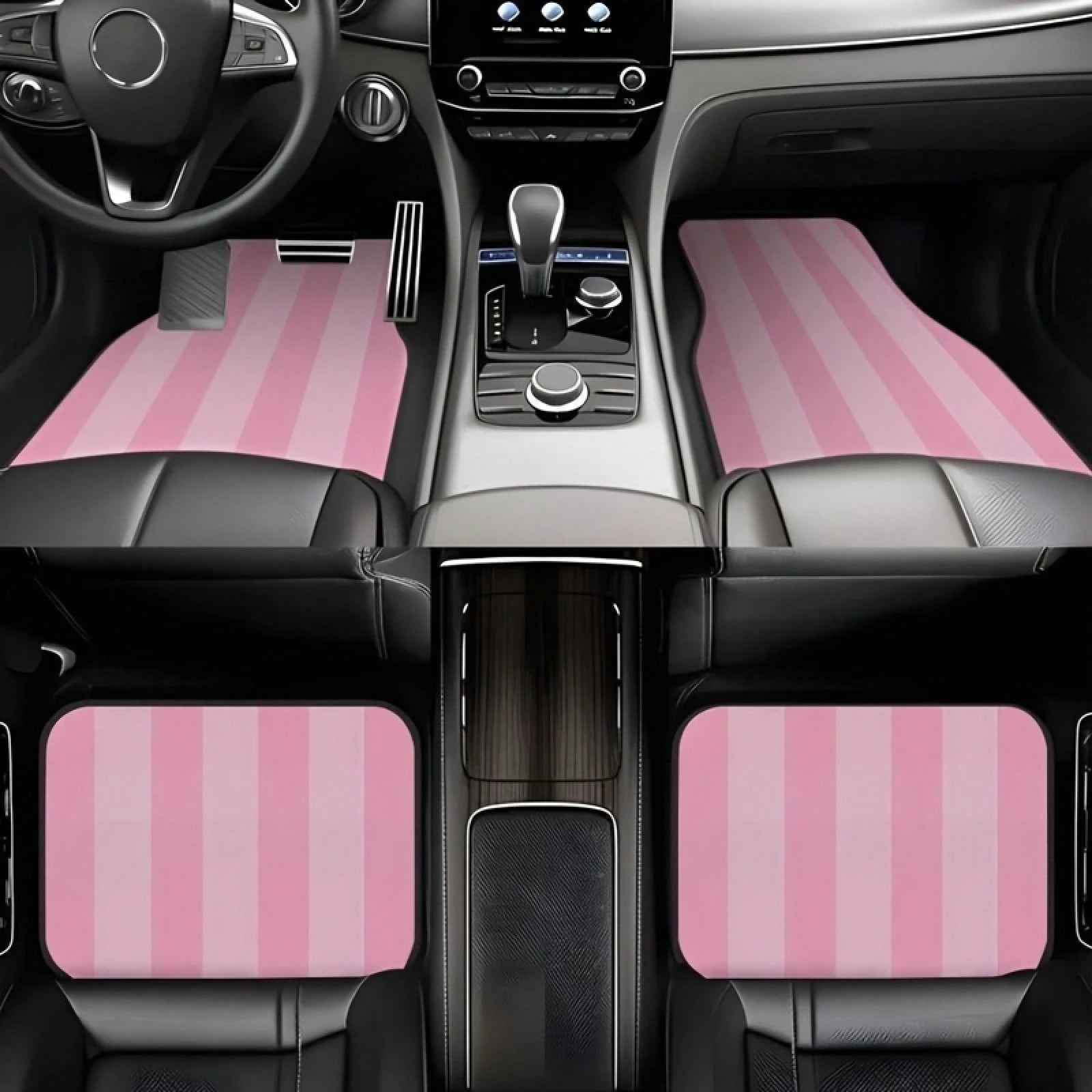 Pink And White Striped Car Floor Mat Set, 4-Piece- Fully Covers The Front And Rear Seats, Suitable For All Car Models, Made Of Crystal Velvet Fabric, Ideal For Sedans,, And SUVs