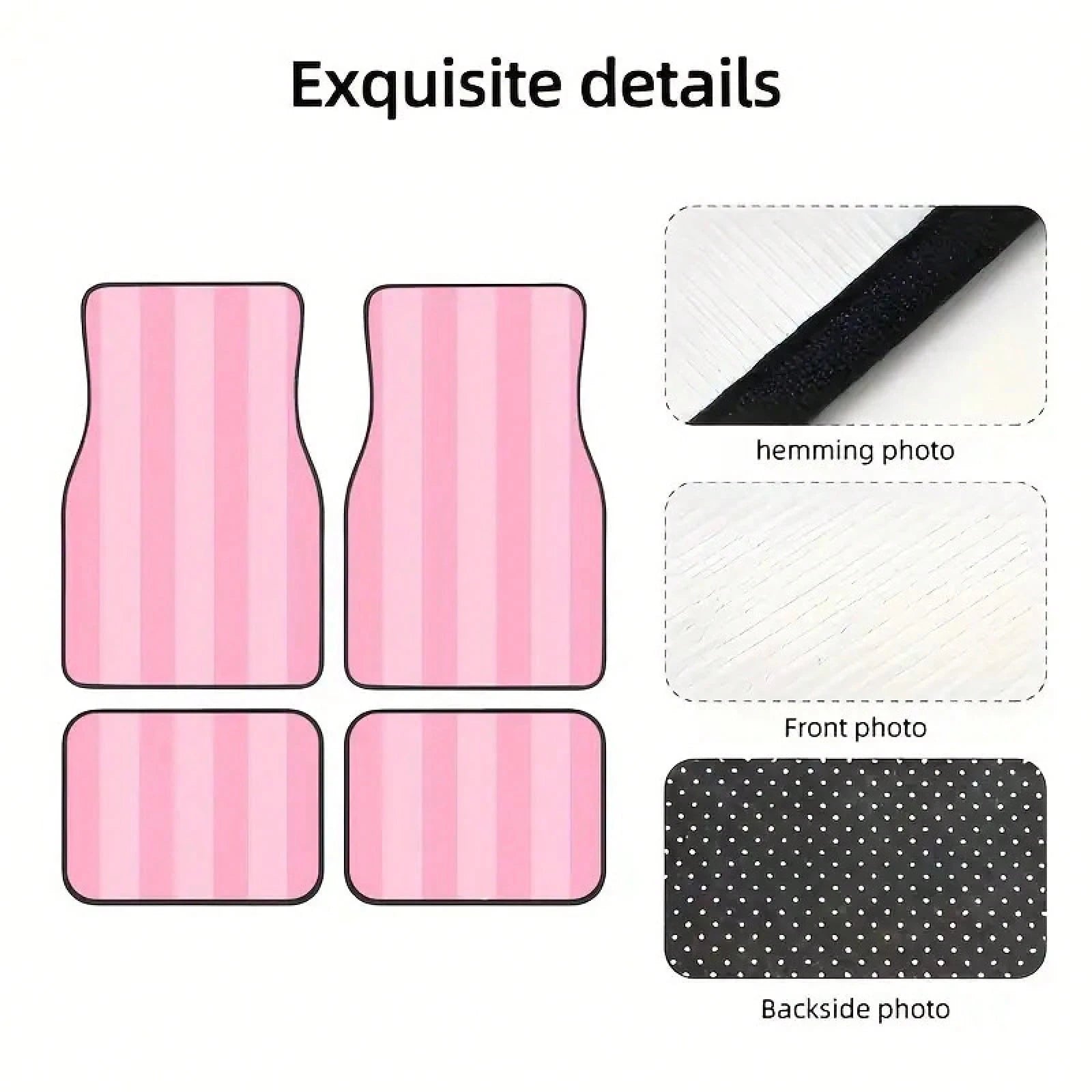 Pink And White Striped Car Floor Mat Set, 4-Piece- Fully Covers The Front And Rear Seats, Suitable For All Car Models, Made Of Crystal Velvet Fabric, Ideal For Sedans,, And SUVs