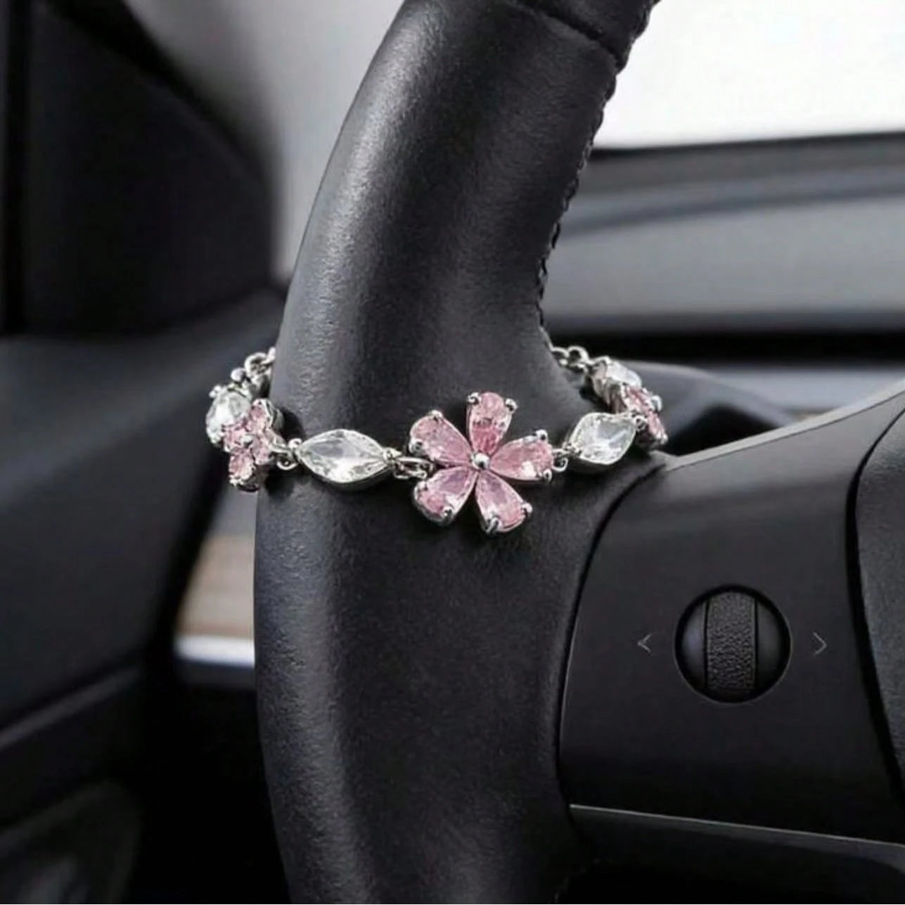 Pink Cherry Blossom Bracelet, Silver Chain + Pink Zirconia, Full Of Girly Charm, Ins-Style Niche Design