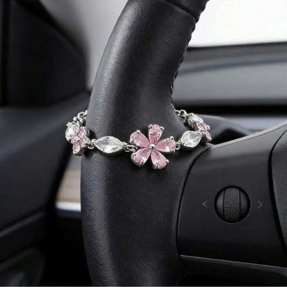 Pink Cherry Blossom Bracelet, Silver Chain + Pink Zirconia, Full Of Girly Charm, Ins-Style Niche Design