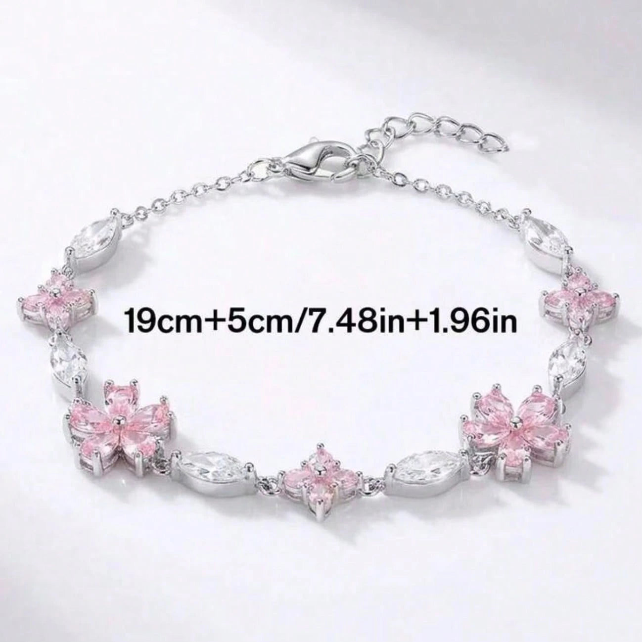 Pink Cherry Blossom Bracelet, Silver Chain + Pink Zirconia, Full Of Girly Charm, Ins-Style Niche Design