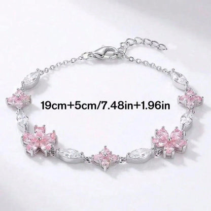 Pink Cherry Blossom Bracelet, Silver Chain + Pink Zirconia, Full Of Girly Charm, Ins-Style Niche Design