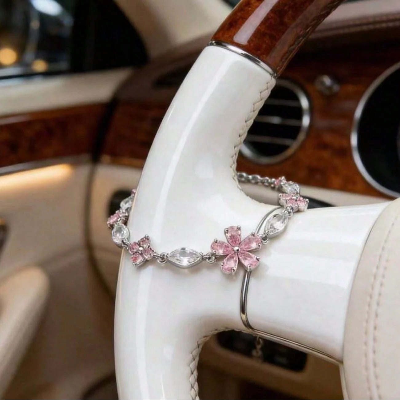 Pink Cherry Blossom Bracelet, Silver Chain + Pink Zirconia, Full Of Girly Charm, Ins-Style Niche Design