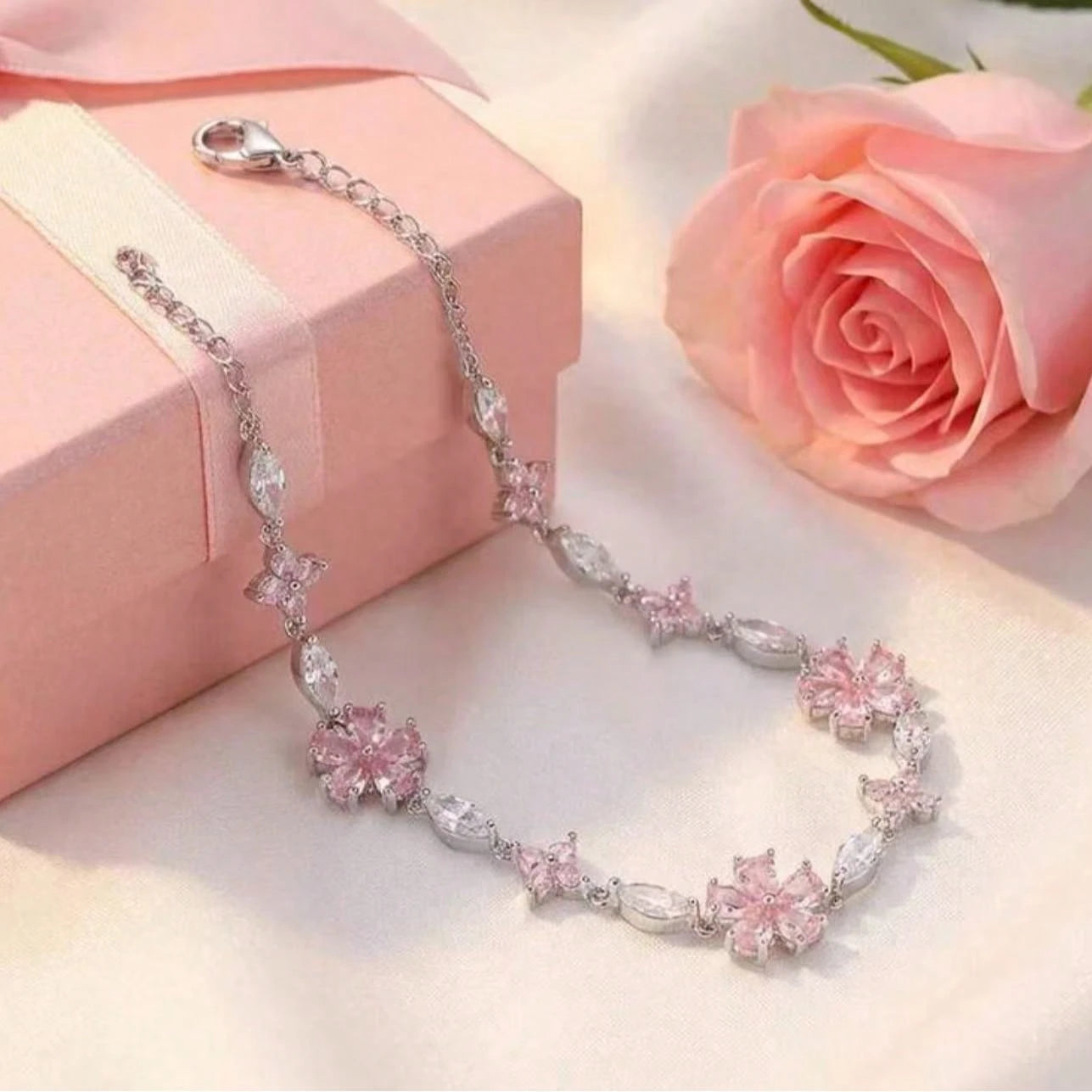 Pink Cherry Blossom Bracelet, Silver Chain + Pink Zirconia, Full Of Girly Charm, Ins-Style Niche Design