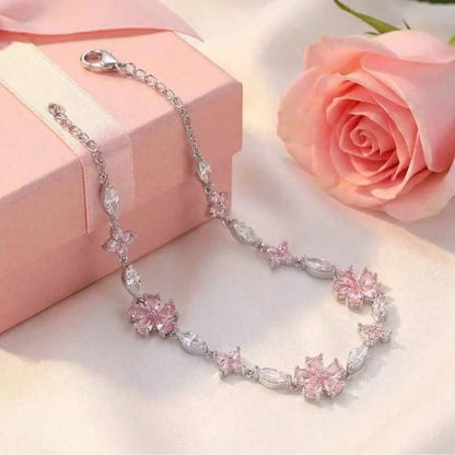 Pink Cherry Blossom Bracelet, Silver Chain + Pink Zirconia, Full Of Girly Charm, Ins-Style Niche Design