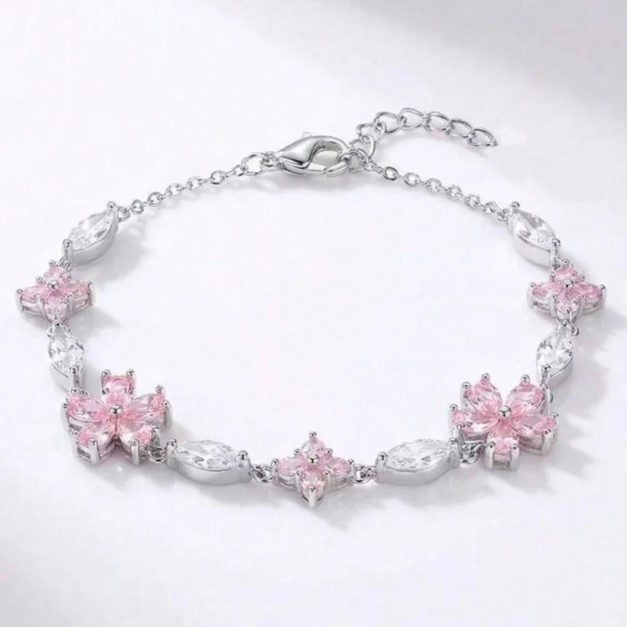 Pink Cherry Blossom Bracelet, Silver Chain + Pink Zirconia, Full Of Girly Charm, Ins-Style Niche Design