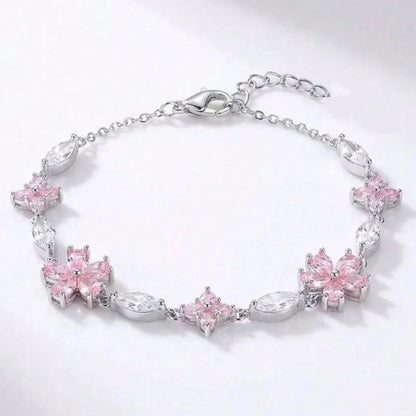Pink Cherry Blossom Bracelet, Silver Chain + Pink Zirconia, Full Of Girly Charm, Ins-Style Niche Design