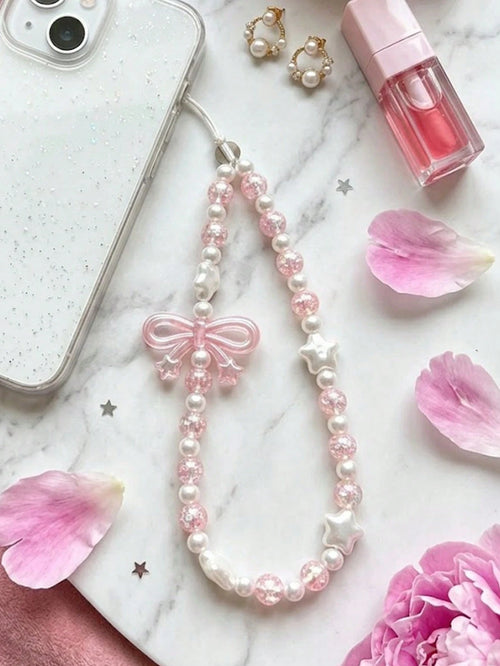 Pink Glitter Crystal Bow Star Thin Cord Phone Lanyard, Pearlescent White Baroque Pearl Metal-Free Short Wrist Chain, Ultra-Fine White Nylon Direct Install Girly Anti-Lost Phone Strap, Coquette Sweet D