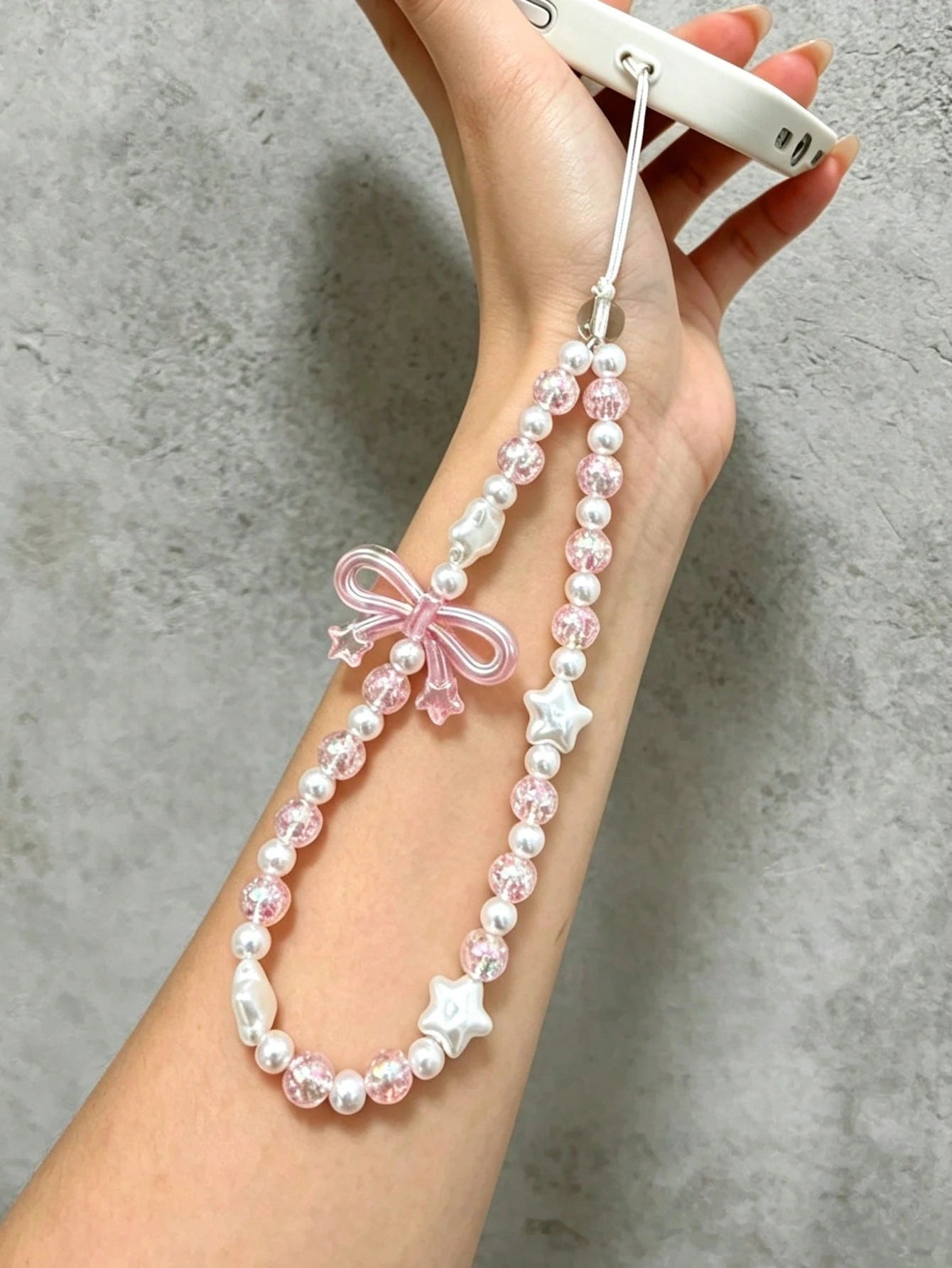 Pink Glitter Crystal Bow Star Thin Cord Phone Lanyard, Pearlescent White Baroque Pearl Metal-Free Short Wrist Chain, Ultra-Fine White Nylon Direct Install Girly Anti-Lost Phone Strap, Coquette Sweet D