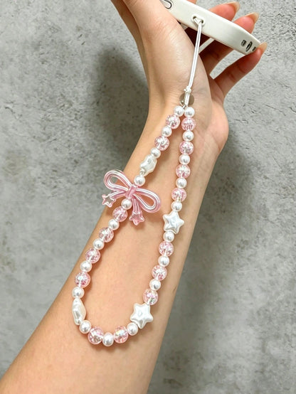 Pink Glitter Crystal Bow Star Thin Cord Phone Lanyard, Pearlescent White Baroque Pearl Metal-Free Short Wrist Chain, Ultra-Fine White Nylon Direct Install Girly Anti-Lost Phone Strap, Coquette Sweet D