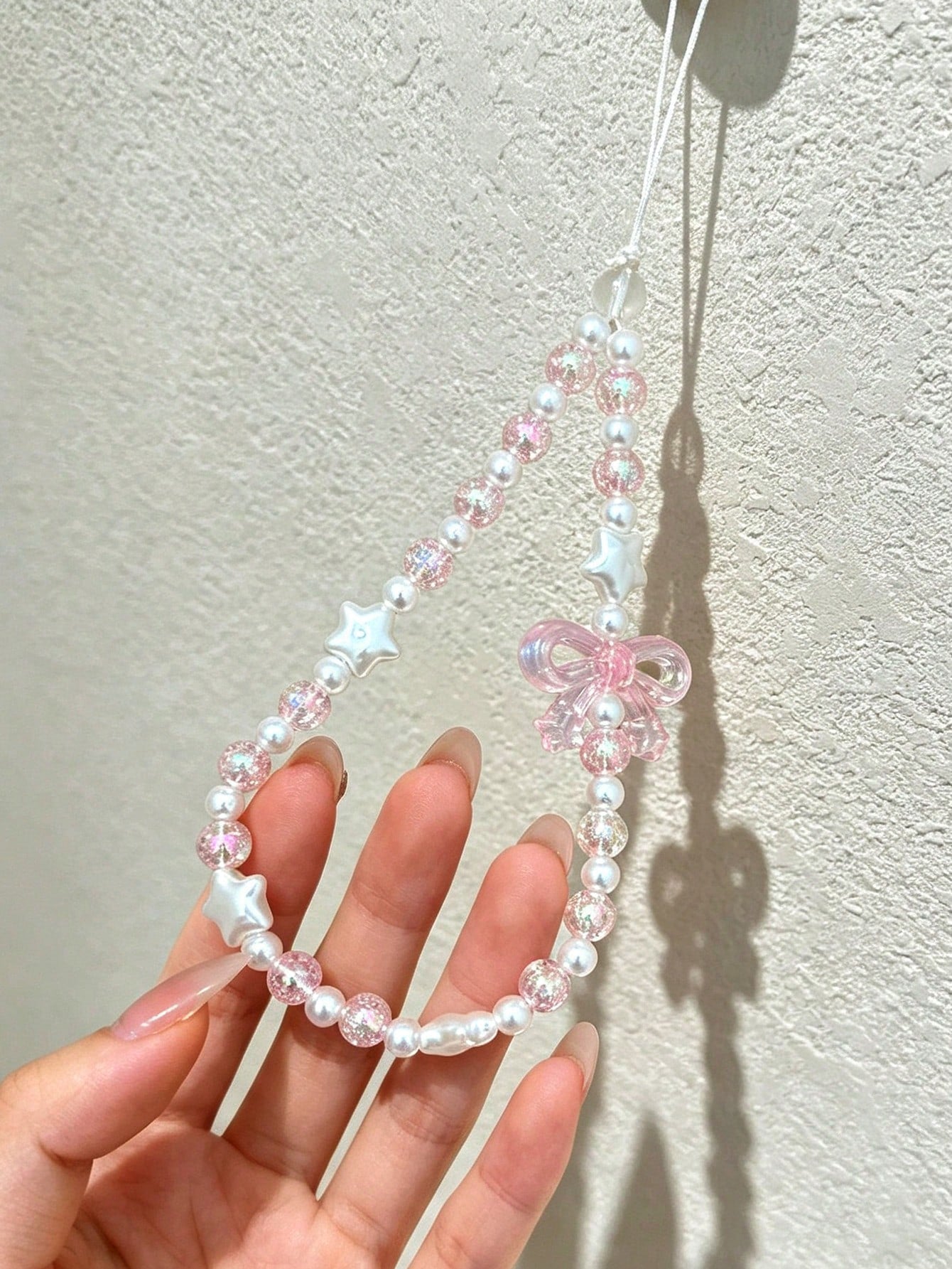 Pink Glitter Crystal Bow Star Thin Cord Phone Lanyard, Pearlescent White Baroque Pearl Metal-Free Short Wrist Chain, Ultra-Fine White Nylon Direct Install Girly Anti-Lost Phone Strap, Coquette Sweet D