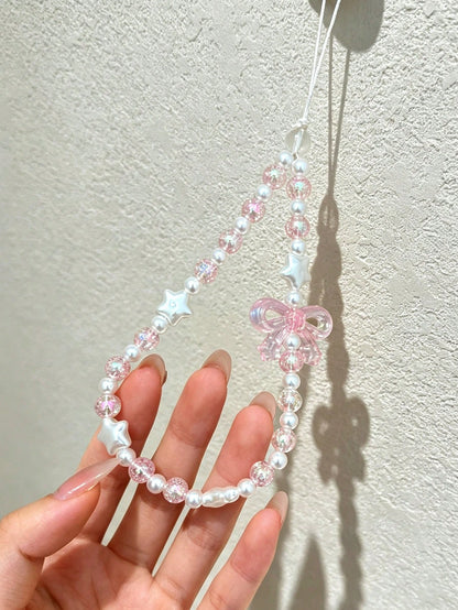 Pink Glitter Crystal Bow Star Thin Cord Phone Lanyard, Pearlescent White Baroque Pearl Metal-Free Short Wrist Chain, Ultra-Fine White Nylon Direct Install Girly Anti-Lost Phone Strap, Coquette Sweet D