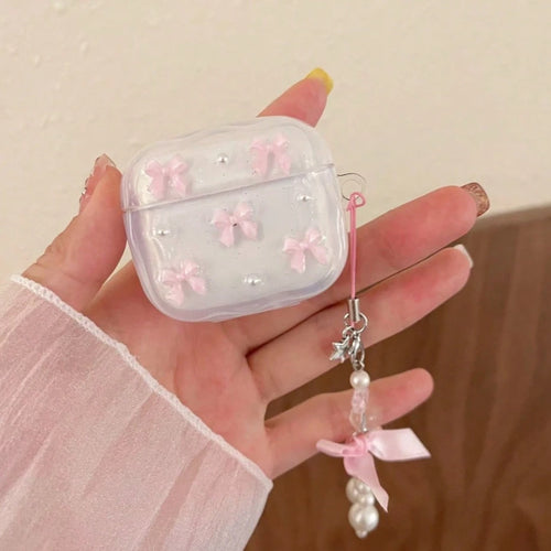 Pink/Silver Resin Bow Wireless Bluetooth Earphone Case Compatible With Apple Pro 3/4, 3rd Gen Pro, Pro 2, Anti-Drop Bluetooth Earphone Protective Bow Pendant, Gift For Girlfriend