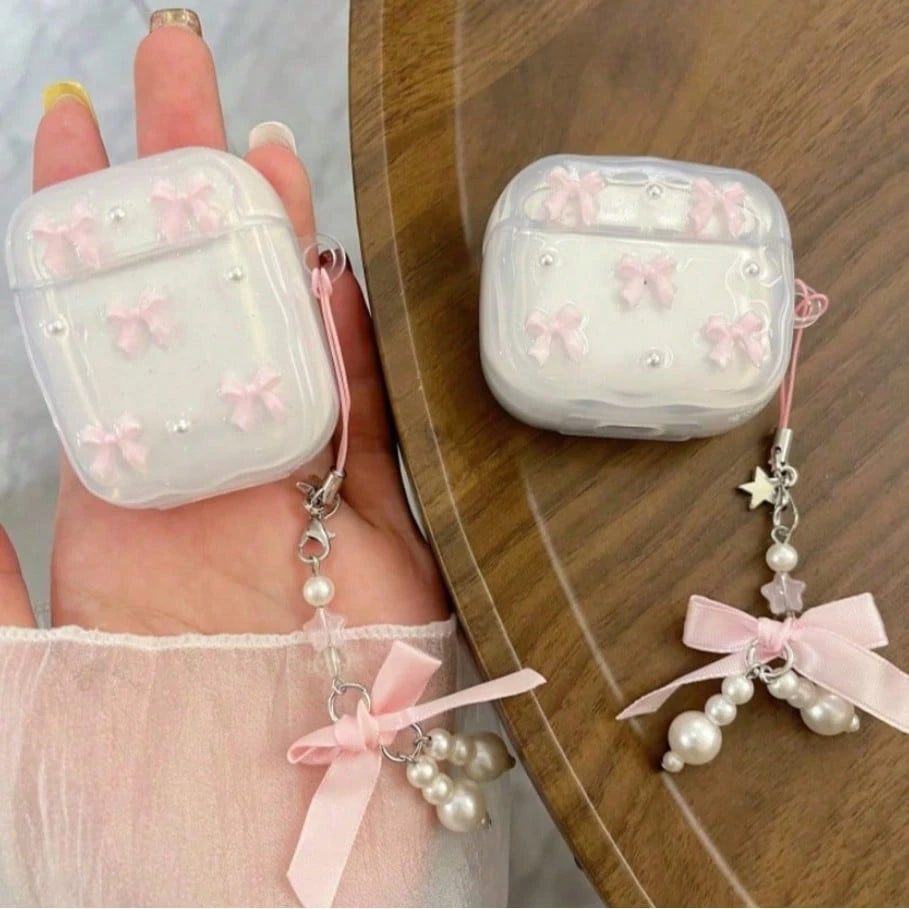 Pink/Silver Resin Bow Wireless Bluetooth Earphone Case Compatible With Apple Pro 3/4, 3rd Gen Pro, Pro 2, Anti-Drop Bluetooth Earphone Protective Bow Pendant, Gift For Girlfriend