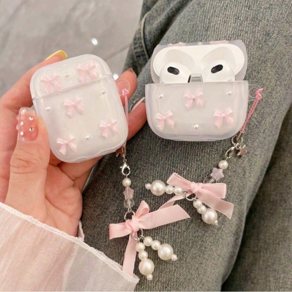 Pink/Silver Resin Bow Wireless Bluetooth Earphone Case Compatible With Apple Pro 3/4, 3rd Gen Pro, Pro 2, Anti-Drop Bluetooth Earphone Protective Bow Pendant, Gift For Girlfriend