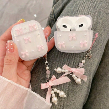 Pink/Silver Resin Bow Wireless Bluetooth Earphone Case Compatible With Apple Pro 3/4, 3rd Gen Pro, Pro 2, Anti-Drop Bluetooth Earphone Protective Bow Pendant, Gift For Girlfriend