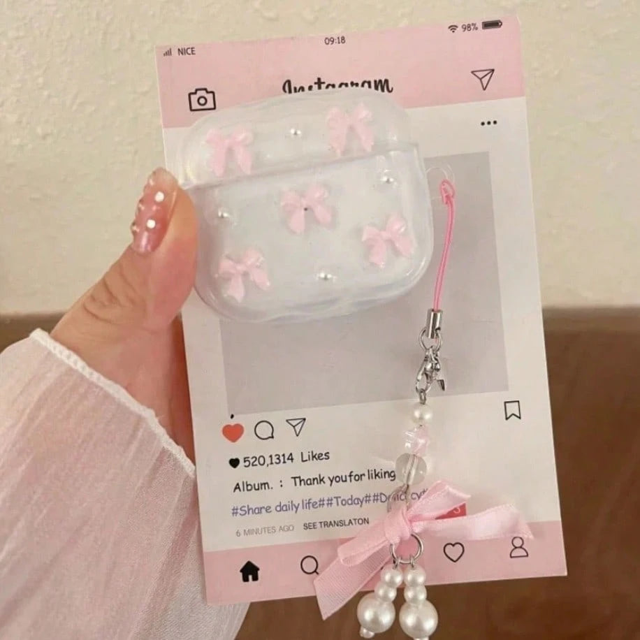 Pink/Silver Resin Bow Wireless Bluetooth Earphone Case Compatible With Apple Pro 3/4, 3rd Gen Pro, Pro 2, Anti-Drop Bluetooth Earphone Protective Bow Pendant, Gift For Girlfriend
