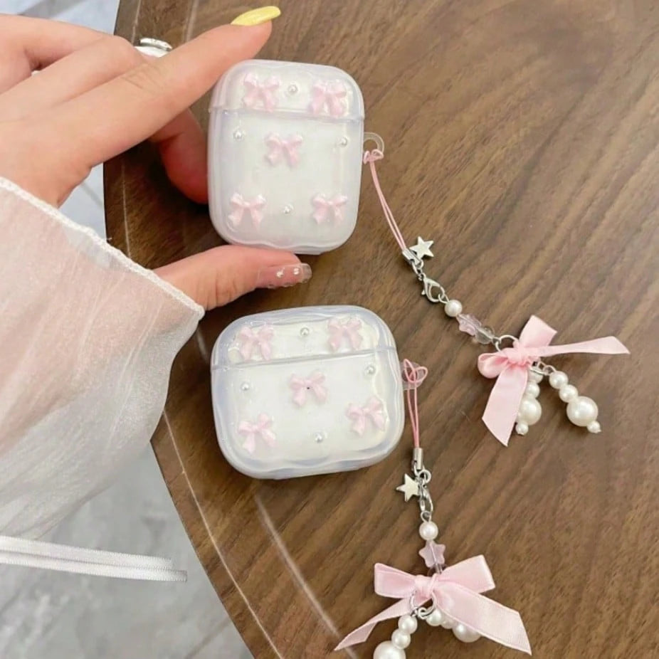Pink/Silver Resin Bow Wireless Bluetooth Earphone Case Compatible With Apple Pro 3/4, 3rd Gen Pro, Pro 2, Anti-Drop Bluetooth Earphone Protective Bow Pendant, Gift For Girlfriend