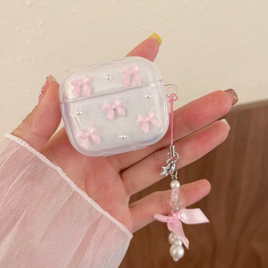 Pink/Silver Resin Bow Wireless Bluetooth Earphone Case Compatible With Apple Pro 3/4, 3rd Gen Pro, Pro 2, Anti-Drop Bluetooth Earphone Protective Bow Pendant, Gift For Girlfriend