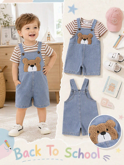 Playful Pals 2-Piece Set Baby Boy Spring/Summer Brown White Denim Blue Colorblock Cute Teddy Bear Patchwork Overall Shorts And Striped Crew Neck Short Sleeve Top Outfit, Loose Straight Fit, Suit