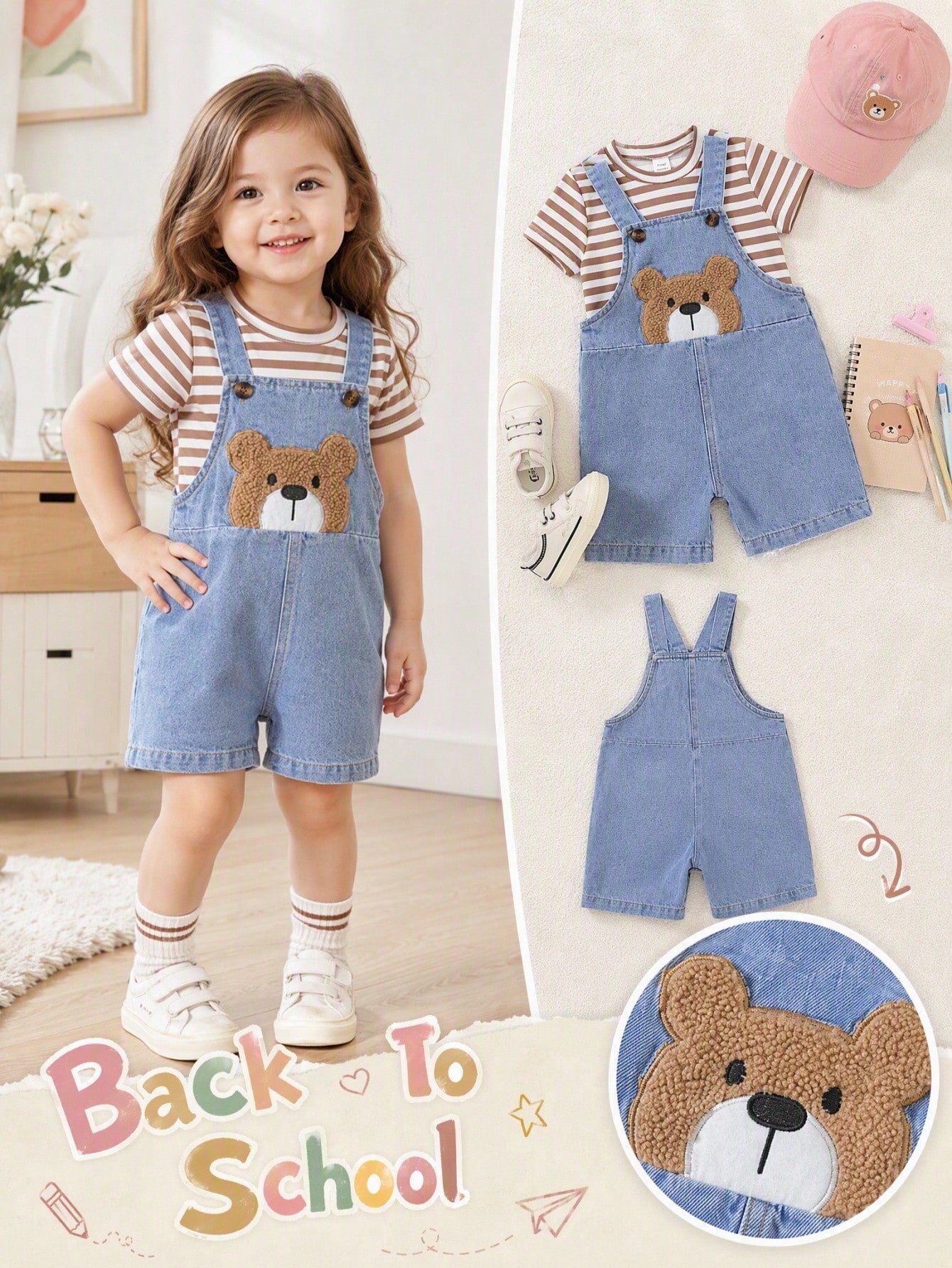 Playful Pals 2-Piece Set Baby Boy Spring/Summer Brown White Denim Blue Colorblock Cute Teddy Bear Patchwork Overall Shorts And Striped Crew Neck Short Sleeve Top Outfit, Loose Straight Fit, Suit