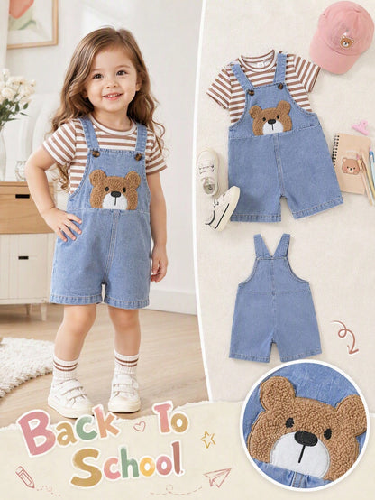 Playful Pals 2-Piece Set Baby Boy Spring/Summer Brown White Denim Blue Colorblock Cute Teddy Bear Patchwork Overall Shorts And Striped Crew Neck Short Sleeve Top Outfit, Loose Straight Fit, Suit