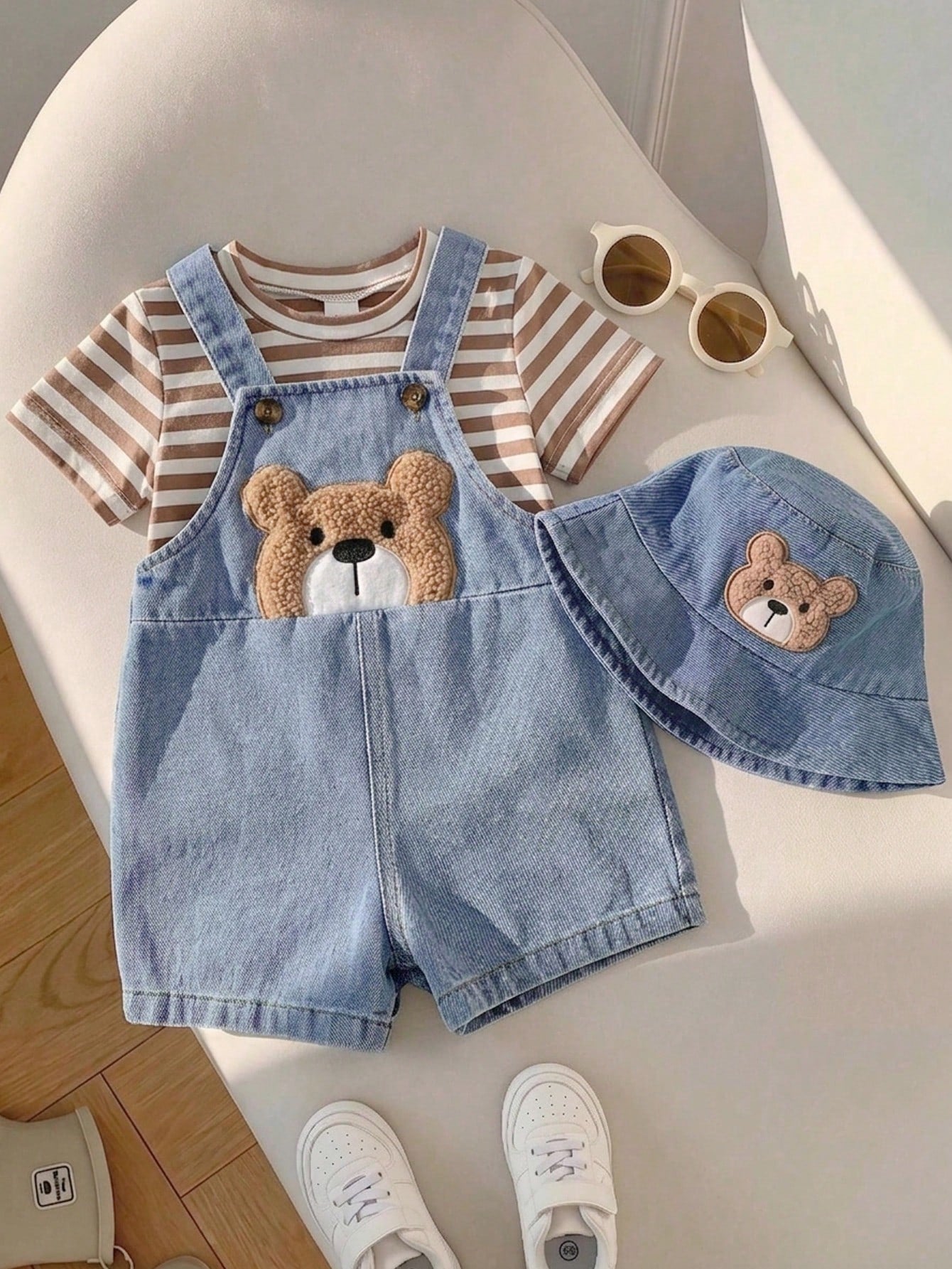 Playful Pals 2-Piece Set Baby Boy Spring/Summer Brown White Denim Blue Colorblock Cute Teddy Bear Patchwork Overall Shorts And Striped Crew Neck Short Sleeve Top Outfit, Loose Straight Fit, Suit
